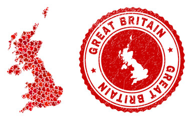 Mosaic United Kingdom map created with red love hearts, and rubber seal stamp. Vector lovely round red rubber seal imitation with United Kingdom map inside.