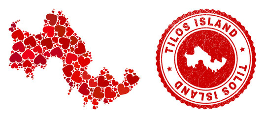 Mosaic Tilos Island map formed with red love hearts, and corroded seal stamp. Vector lovely round red rubber seal stamp imprint with Tilos Island map inside.