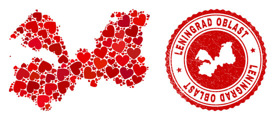 Collage Leningrad Region map composed from red love hearts, and rubber seal stamp. Vector lovely round red rubber badge imitation with Leningrad Region map inside.