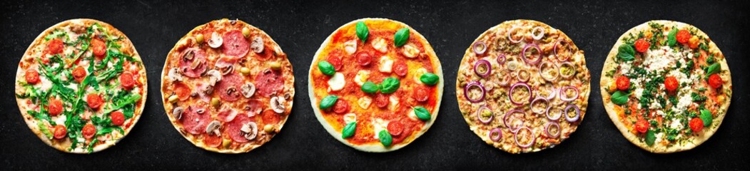 Food collage of various types of pizza