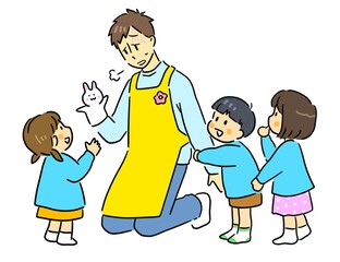 ため息をつく疲れた保育士の男性