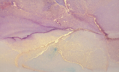 Art Abstract watercolor horizontal smoke background. Marble lilac and gold texture. Alcohol ink colors.