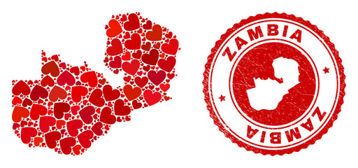 Mosaic Zambia map formed with red love hearts, and corroded seal stamp. Vector lovely round red rubber seal stamp imprint with Zambia map inside.