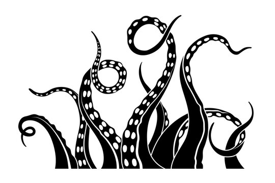Black silhouette of octopus tentacles. Isolated sea monster drawing. Kraken sketch. Underwater animal wall art