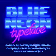 Blue neon alphabet font. Neon light bold letters, numbers and punctuation. Uppercase and lowercase. Stock vector typescript for your design.