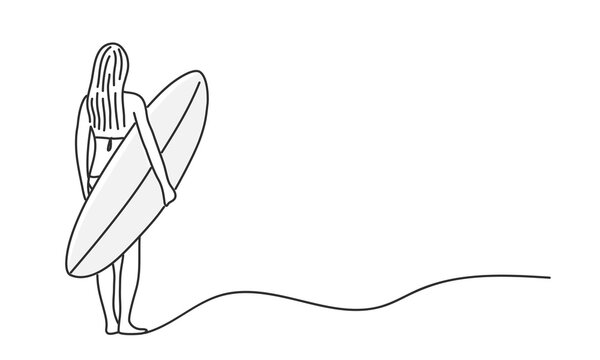 surfer girl holding surfboard, minimalist line art clip art preview