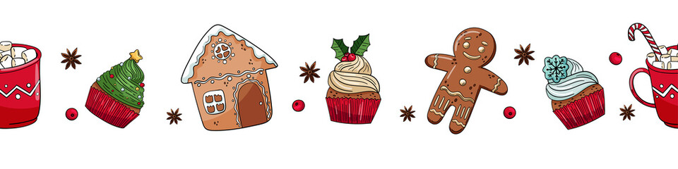 Christmas seamless border with cookie and cupcakes. Isolated elements. Vector illustration