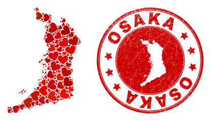 Mosaic Osaka Prefecture map formed from red love hearts, and grunge seal. Vector lovely round red rubber seal imprint with Osaka Prefecture map inside.