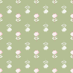 Cute white flowers shapes seamless pattern. Doodle ornament. Green background. Nature print.