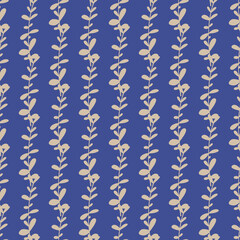 Grey diagonal eucalyptus leaves seamless pattern in hand drawn style. Bright blue indigo ornament.
