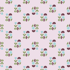 Seamless botanic pattern with doodle purple, green and blue flowers ornament. Rainbow elements.