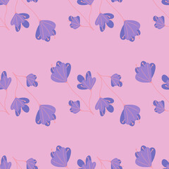 Fototapeta na wymiar Spring season seamless pattern with purple abstract doodle flowers elements. Lilac background. Bloom print.