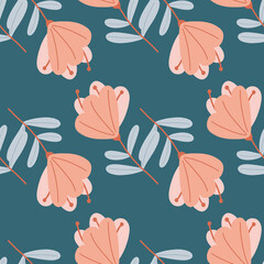 Decorative seamless pattern with pink colored scribble flowers silhouettes print. Blue background.