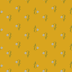 Fototapeta premium Little blue bell flowers ornament seamless pattern. Orange bright background. Natural floral backdrop.