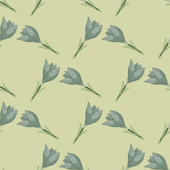 Pale blue seamless pattern with contoured outline crocus flower ornament. Light beige background. Simple style.