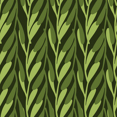 Seasonal organic seamless pattern with green twigs shapes. Brown background. Nature floral backdrop.
