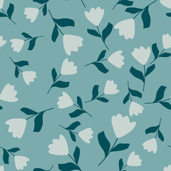 Seamless pattern with random tulip flower hand drawn ornament. Blue palette botanic artwork.