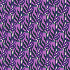 Abstract seamless doodle pattern with purple palette tropic leaf branches ornament. Bright creative design.