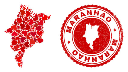 Collage Maranhao State map designed with red love hearts, and rubber seal. Vector lovely round red rubber badge imitation with Maranhao State map inside.