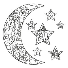 Half moon and star with abstract patterns on isolation background. Design for spiritual relaxation for adults. Line art creation. Black and white illustration for colouring page. Print t-shirts