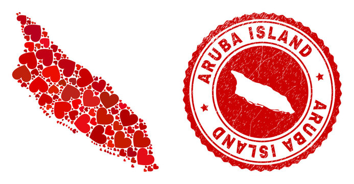 Mosaic Aruba Island map created with red love hearts, and dirty seal. Vector lovely round red rubber seal stamp imprint with Aruba Island map inside.