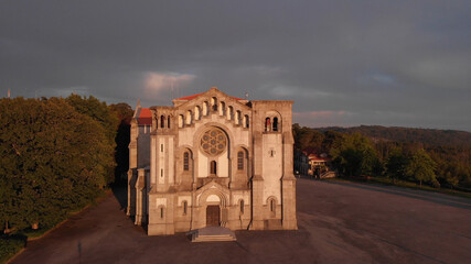 DRONE AERIAL VIEW: Facade of the church of Nossa Senhora da Assuncao (Our Lady of Assumption) in...