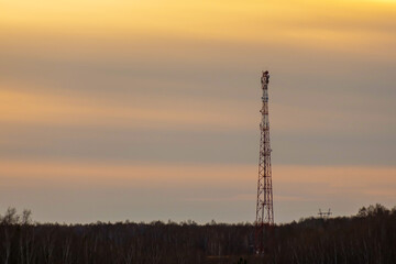 silhouette of a cell tower in the forest against the sunset sky