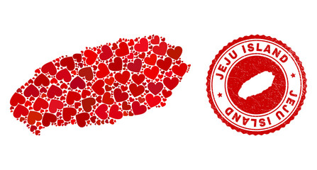Collage Jeju Island map designed with red love hearts, and grunge seal. Vector lovely round red rubber seal stamp imprint with Jeju Island map inside.