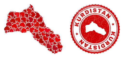 Mosaic Kurdistan map composed with red love hearts, and scratched stamp. Vector lovely round red rubber stamp imprint with Kurdistan map inside.