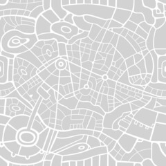 Seamless city map pattern. Vector repeating background with a schematic road map of an abstract city on a gray backdrop. Decorative urban texture, suitable for wallpaper design, wrapping paper, fabric