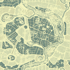 Seamless pattern in form of an old abstract city map in grunge style. Residential districts with parks and river on vintage beige backdrop. Vector monochrome background with roads map and streets plan