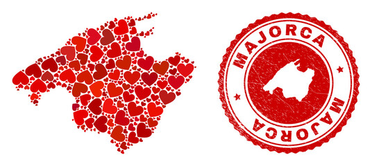 Collage Majorca map formed from red love hearts, and rubber stamp. Vector lovely round red rubber seal stamp imitation with Majorca map inside.