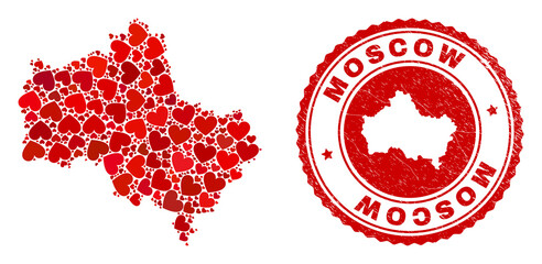 Collage Moscow Region map composed from red love hearts, and rubber seal stamp. Vector lovely round red rubber seal imprint with Moscow Region map inside.