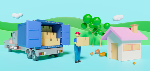Courier man and cargo box with truck at countryside in blue composition ,delivery service business concept ,3d illustration or 3d render