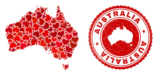 Collage Australia map formed from red love hearts, and rubber badge. Vector lovely round red rubber stamp imprint with Australia map inside.