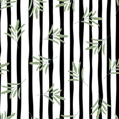 Random green colored simple leaf branches silhouettes seamless pattern. Black and white striped background.