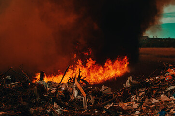 Raging forest spring fires. Burning dry grass, reed along lake. Grass is burning in meadow. Ecological catastrophy. Fire and smoke destroy all life. Firefighters extinguish Big fire. Lot of smoke