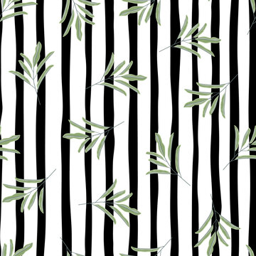 Random green colored simple leaf branches silhouettes seamless pattern. Black and white striped background. © smth.design
