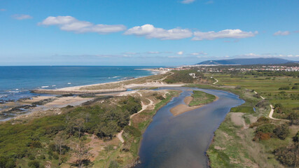 DRONE AERIAL VIEW: The mouth and estuary of Neiva River in Castelo do Neiva, Viana do Castelo,...