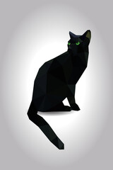Black cat green eyes sitting isolated on gray background, grey kitty low polygon animal pet illustration.