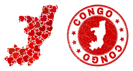 Collage Republic of the Congo map composed with red love hearts, and scratched seal stamp. Vector lovely round red rubber stamp imitation with Republic of the Congo map inside.