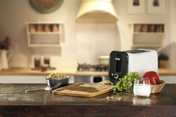 Table background of free space and white toaster. Morning time in kitchen. 