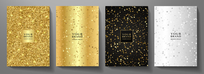 Modern holiday cover design set. Premium starry pattern (golden stars) on silver, gold, black background. Vector luxury collection for Christmas catalog, brochure template, booklet, gift card
