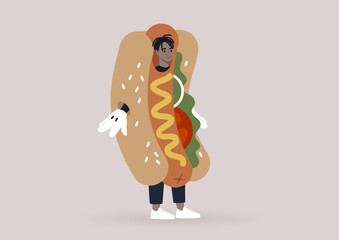 A young male Black character wearing a giant hot dog costume, a fast food restaurant promo, marketing