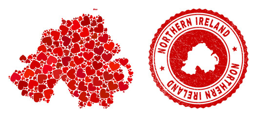 Collage Northern Ireland map composed with red love hearts, and rubber seal. Vector lovely round red rubber badge imitation with Northern Ireland map inside.