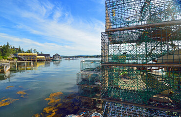 Colorful Maine Lobster traps and lobster nets in New England