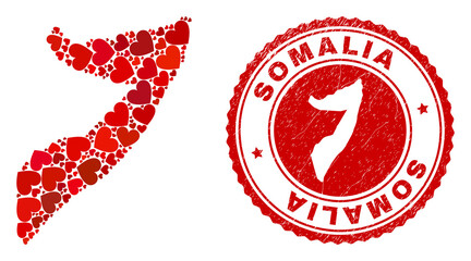 Mosaic Somalia map created with red love hearts, and unclean seal stamp. Vector lovely round red rubber seal stamp imitation with Somalia map inside.