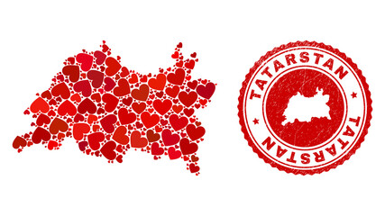 Fototapeta na wymiar Collage Tatarstan map created with red love hearts, and textured stamp. Vector lovely round red rubber stamp imprint with Tatarstan map inside.