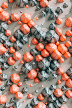 Three dimensional render of red and gray cones laid on polka dot pattern