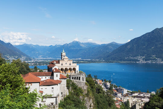 Switzerland, Ticino, Locarno, Pilgrimage church Madonna del Sasso over Lake Maggiore